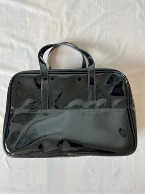 Lancôme Black faux Leather Vanity Travel Bag Rose Print Lining zip around